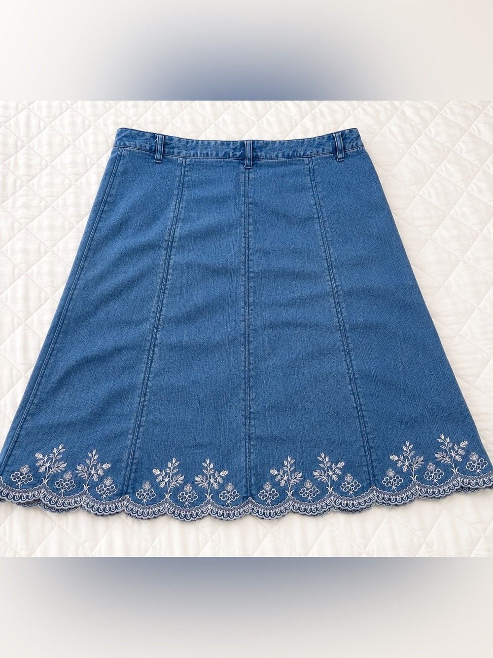 Northern Reflections Blue Denim A-Line Skirt with White Embroidery - Picture 2 of 5